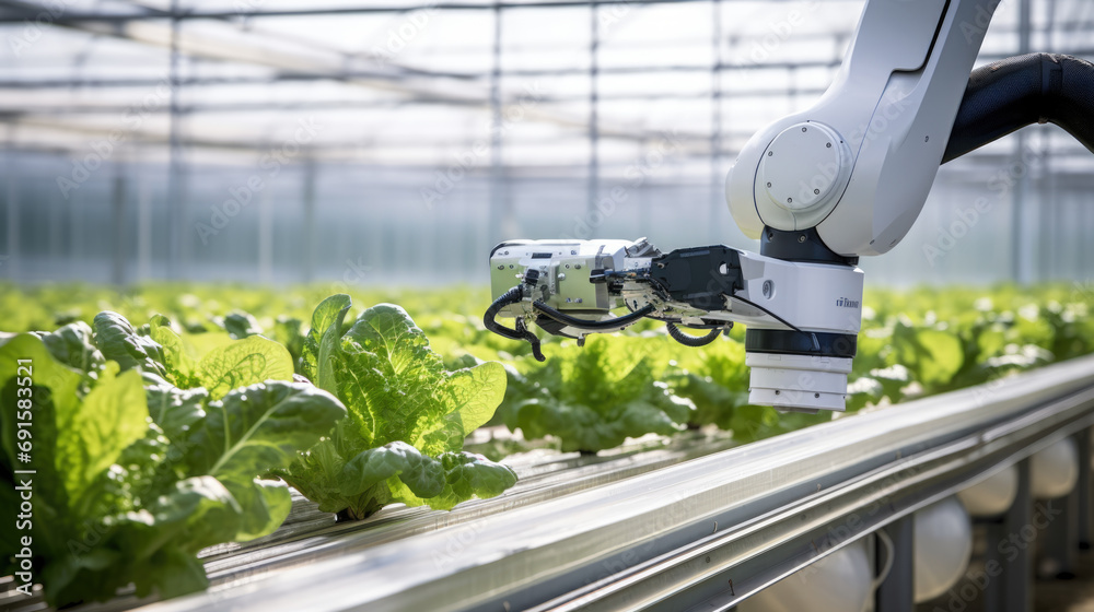 Robot in a modern greenhouse, tending to rows of leafy green lettuce, representing high-tech automation in precision agriculture and sustainable farming practices.