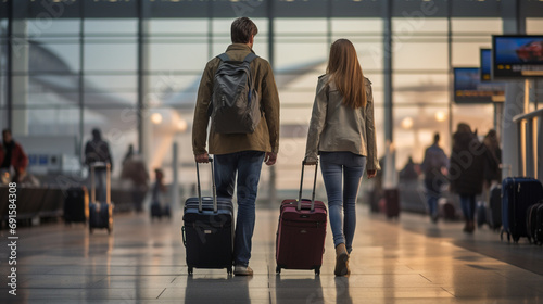 A traveling duo stands united in the airport, their luggage at their side, gazing towards the departure gate. Their backs tell a tale of shared adventures and boundless horizons. T photo