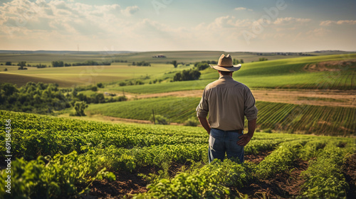 Farmer looking over his farm field.