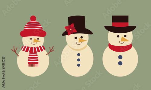 Set of christmas cute snowmans in scarf and hat flat style. Cute characters snowmans collection for holiday xmas and new year.