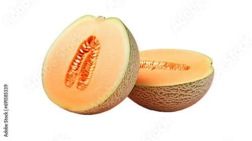 a Cantaloupe fruit, sliced open, side view, in a PNG, Fresh fruit-themed, isolated, and transparent photorealistic illustration. Generative ai
