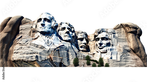 Mount Rushmore sculpted images of Washington, Jefferson, Roosevelt, and Lincoln in a side view, in a PNG, National Memorial-themed, isolated, and transparent photorealistic Illustration. Generative ai photo