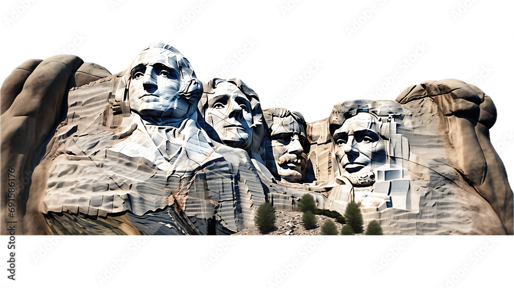 Mount Rushmore sculpted images of Washington, Jefferson, Roosevelt, and Lincoln in a side view, in a PNG, National Memorial-themed, isolated, and transparent photorealistic Illustration. Generative ai - obrazy, fototapety, plakaty 
