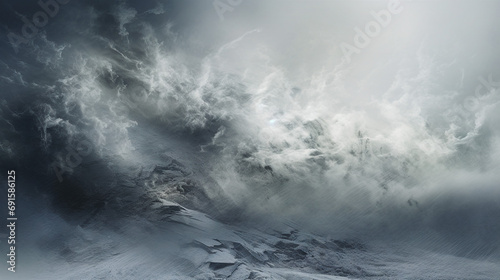 Dramatic clouds over a snowy mountain landscape. photo