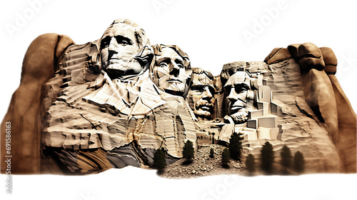 Mount Rushmore sculpted images of Washington, Jefferson, Roosevelt, and Lincoln in a side view, in a PNG, National Memorial-themed, isolated, and transparent photorealistic Illustration. Generative ai photo