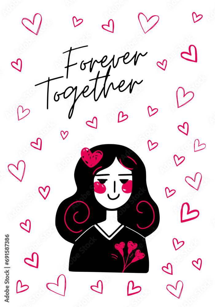 Love background with girl and hearts. Greeting card. Valentine's day concept poster in flat doodle style. Love background with girl and hearts. Greeting card. Valentine's day concept poster in flat doodle style.