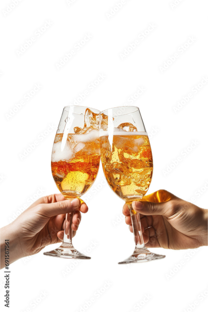 Obraz premium hands toasting a celebration drink Champagne/beer in a side view, isolated and transparent PNG in a celebration-themed, photorealistic illustration. Generative ai