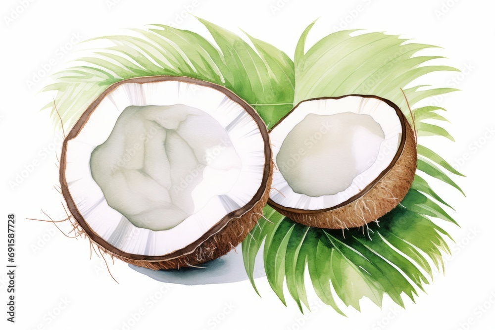 Watercolor illustration of a half of coconut and green leaves isolated on white background. AI generative Watercolor illustration of a half of coconut and green leaves isolated on white background. AI generative