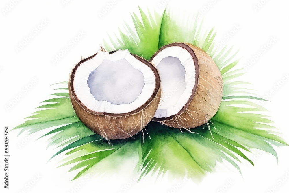 Watercolor illustration of a half of coconut and green leaves isolated on white background. AI generative Watercolor illustration of a half of coconut and green leaves isolated on white background. AI generative