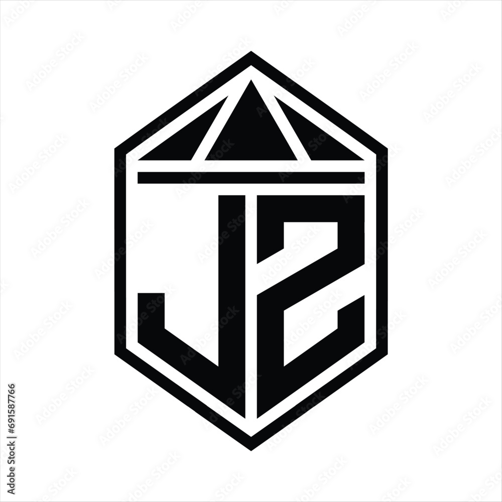 JZ Letter Logo monogram simple hexagon shield shape with triangle crown isolated style design JZ Letter Logo monogram simple hexagon shield shape with triangle crown isolated style design