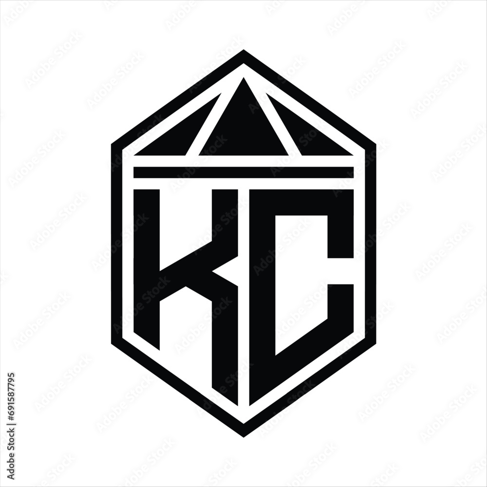 KC Letter Logo monogram simple hexagon shield shape with triangle crown isolated style design KC Letter Logo monogram simple hexagon shield shape with triangle crown isolated style design