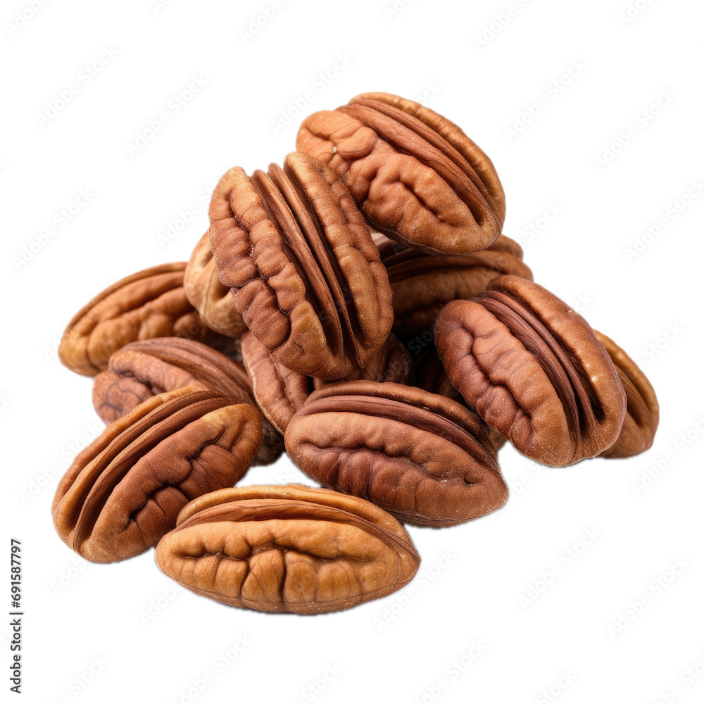 a pile of pecans in a side view, isolated and transparent PNG in a Food-themed, photorealistic illustration. Generative ai a pile of pecans in a side view, isolated and transparent PNG in a Food-themed, photorealistic illustration. Generative ai