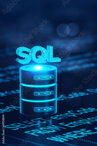 SQL and data storage are placed on Structured Query Language code. Concept of learning SQL programming language, Computer courses and training, Database server, Database management system, 3D render.