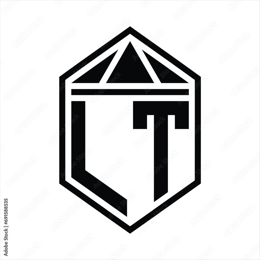 LT Letter Logo monogram simple hexagon shield shape with triangle crown isolated style design LT Letter Logo monogram simple hexagon shield shape with triangle crown isolated style design