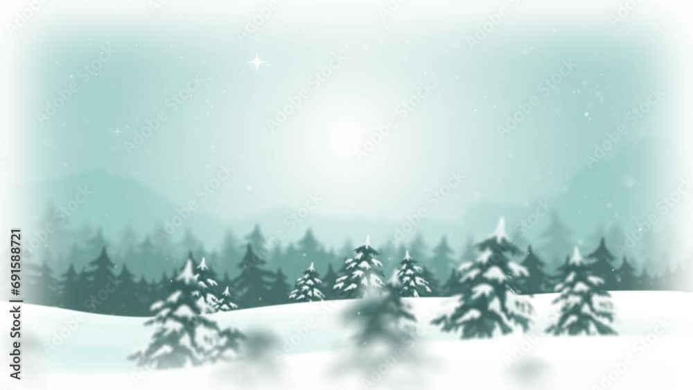2d Cartoon Christmas And Winter Background/ 4k animation of a 2d christmas and new year holidays landscape, with snowfall and snow for winter season, with parallaxe effect and depth of field blur