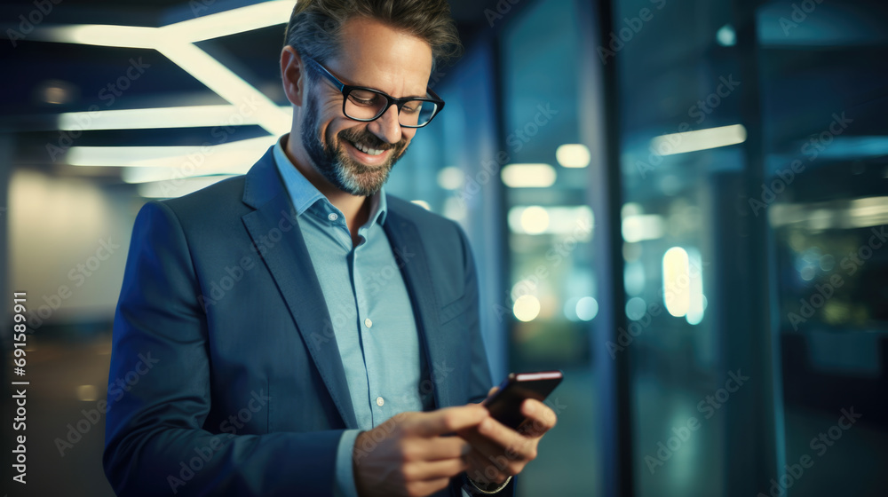 Smiling man in a business suit is looking at his smartphone against office background Smiling man in a business suit is looking at his smartphone against office background