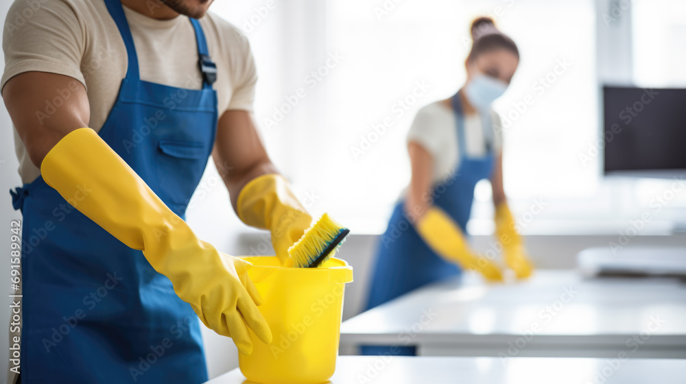 Smiling woman and man in a cleaning service uniform with colleagues in the background, indicating a professional cleaning team at work. Smiling woman and man in a cleaning service uniform with colleagues in the background, indicating a professional cleaning team at work.