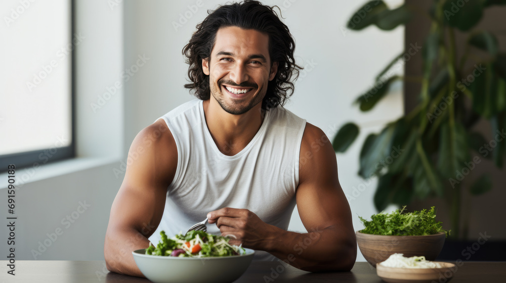 Happy man holding a bowl of fresh salad, with a healthy assortment of vegetables Happy man holding a bowl of fresh salad, with a healthy assortment of vegetables