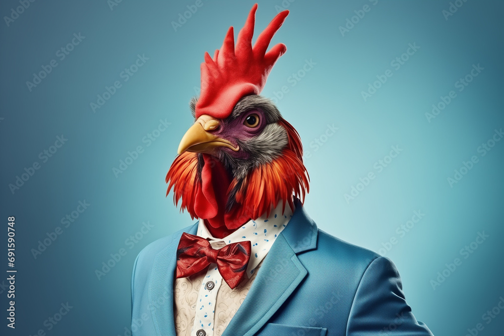 Portrait of a funky anthropomorphic rooster in a blue suit jacket on a seamless blue background. Space for text