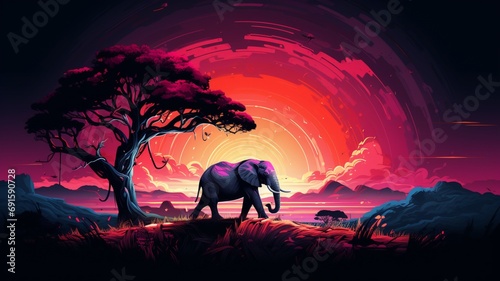 Elephant Neon light animal hill next tree AI Generated pictures