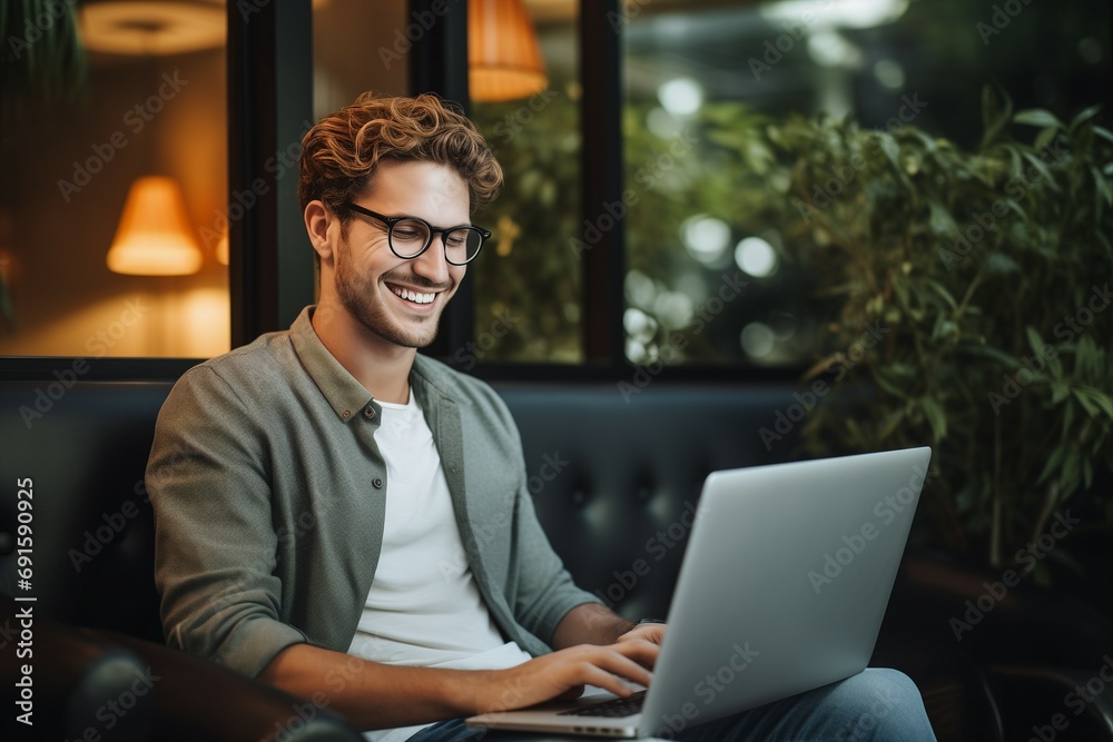 Young Man with Glasses Smiling While Using Laptop Seated Young Man with Glasses Smiling While Using Laptop Seated