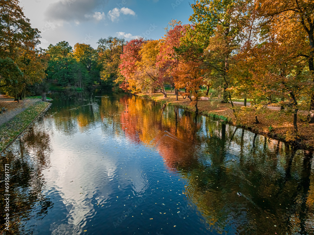 Aerial view to river and multicolored autumn forest in Bydgoszcz. - obrazy, fototapety, plakaty 
