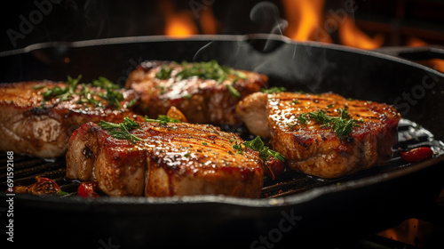 kitchen setting showcasing pork chops searing in a cast iron skillet, garlic cloves crisping on the side, soft natural lighting to highlight the dish's appeal photo