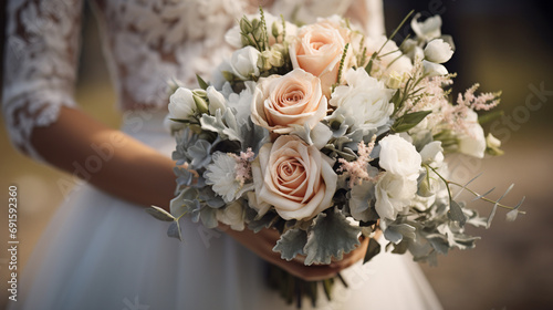 Close-up of a bride holding a delicate wedding bouquet, with the focus on the intricate details of the flowers and the elegance of the wedding dress photo