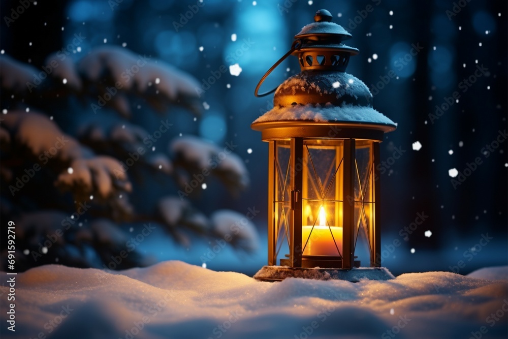 Burning Glowing lantern in winter snow Beautiful winter background Burning Glowing lantern in winter snow Beautiful winter background