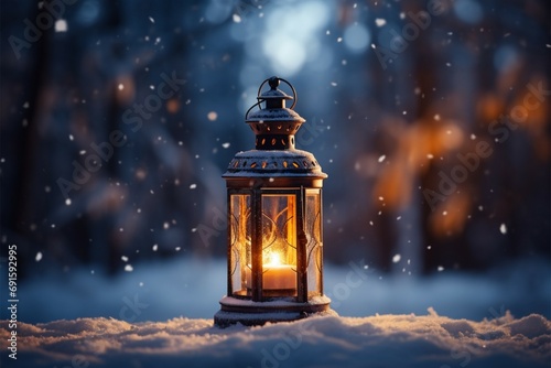 Burning Glowing lantern in winter snow Beautiful winter background