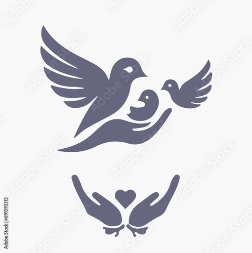 Two hands form the shape of a bird. Illustration of silhouette of a dove. Vector logo template.