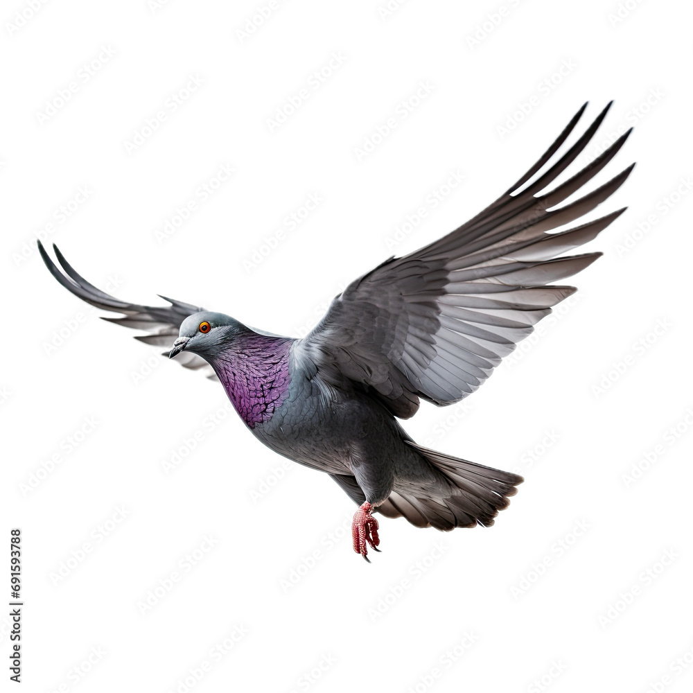 Fototapeta premium a common Pigeon flying, full body, 3/4 view in a PNG, isolated and transparent, Nature-themed, photorealistic illustration. Generative ai
