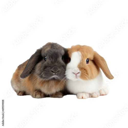 two snuggling bunny rabbits, multi-color, dark and light in front view in a PNG, Cozy-themed, isolated, and transparent photorealistic illustration. Generative ai