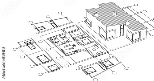 house architectural project sketch 3d illustration