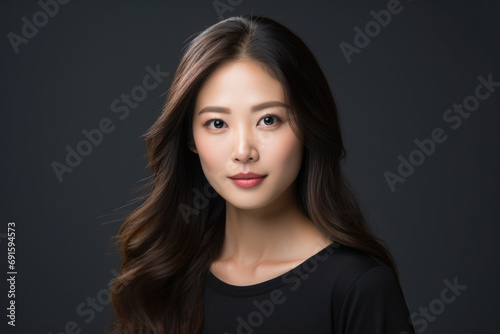 Positive asian woman portrait. Young female model with dark hair looking at camera