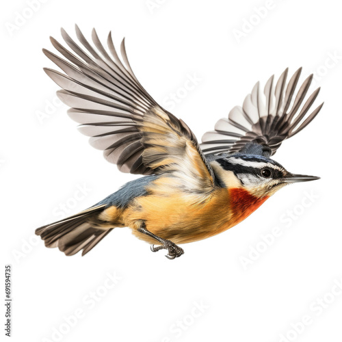 a Red-breasted Nuthatch flying, side view in a PNG, Nature-themed, isolated, and transparent photorealistic illustration. Generative ai © Purple Penguin GFX