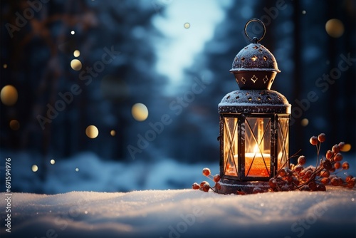 Burning Glowing lantern in winter snow Beautiful winter background