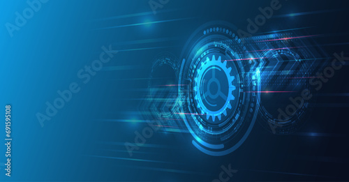 Wide Cyber security internet and networking concept. Hi-tech vector illustration with various technology elements. Abstract global sci fi concept. Digital internet communication on blue background.