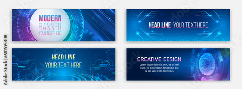 Abstract banner on the theme of data protection, cyber security, science, data array. Futuristic digital communication background. Blue Technology cover. Modern hi tech horizontal banner templates.