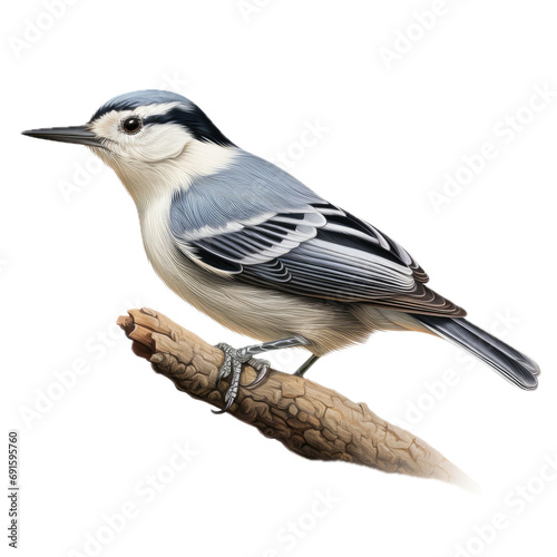 a White-breasted nuthatch standing on a branch in a side view, isolated and transparent PNG in a Nature-themed, photorealistic illustration. Generative ai