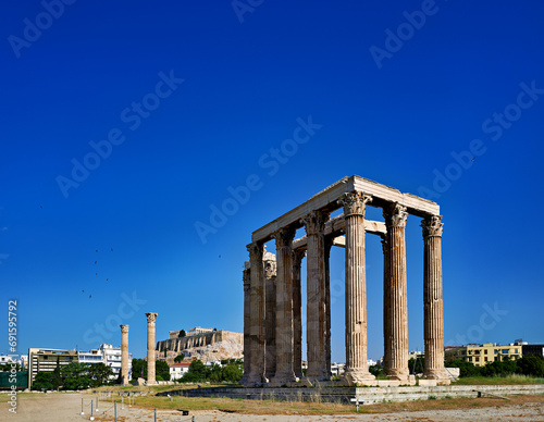 Athens Greece.The Temple of Olympian Zeus. The Acropolis and the Partrhenon in the background