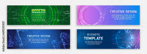 Modern hi tech horizontal banner templates. Abstract banner on the theme of data protection, cyber security, science, data array. Futuristic digital communication background. Blue Technology cover.