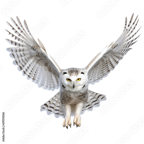 a Snowy Owl in-flight, in a front view, isolated and transparent PNG in a Nature-themed, photorealistic illustration. Generative ai