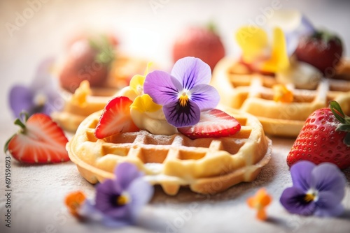 Homemade waffles decorated with flowers and berries, closeup. Generative AI