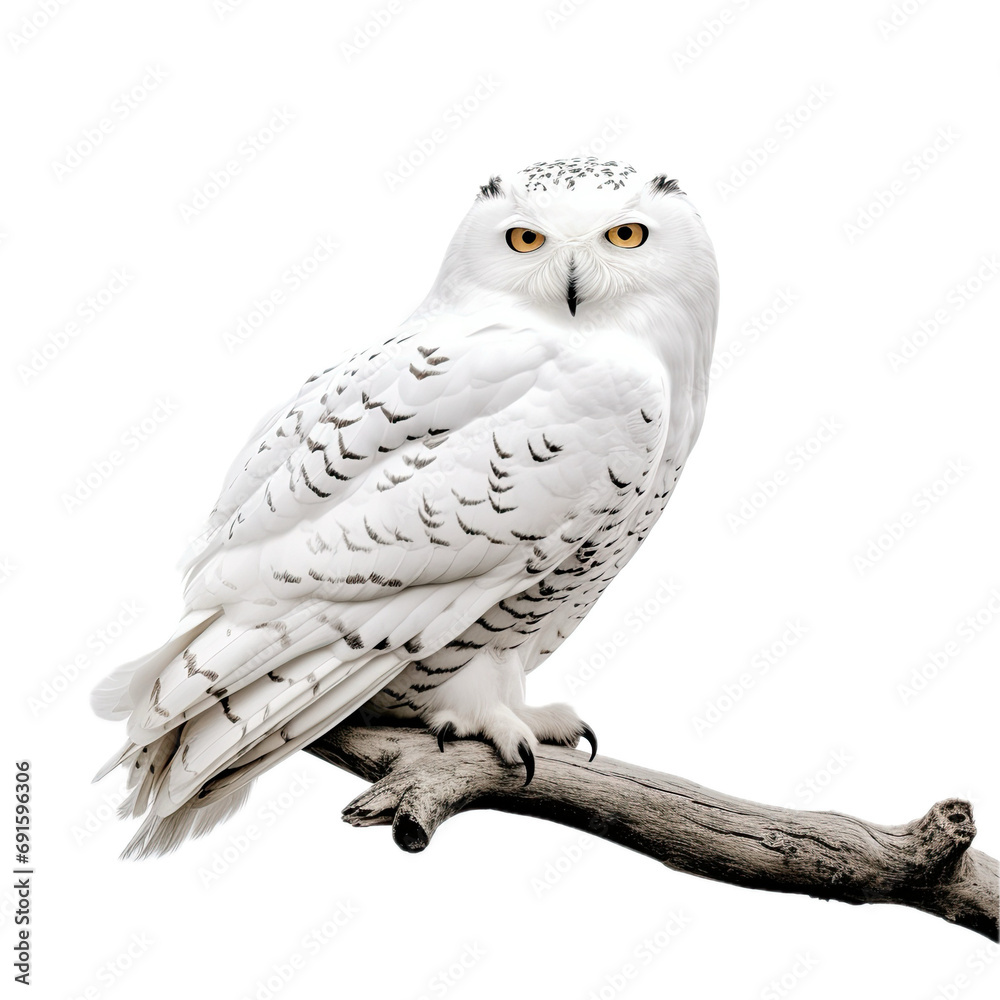 a Snowy Owl sitting on a branch, in a front view, isolated and transparent PNG in a Nature-themed, photorealistic illustration. Generative ai a Snowy Owl sitting on a branch, in a front view, isolated and transparent PNG in a Nature-themed, photorealistic illustration. Generative ai