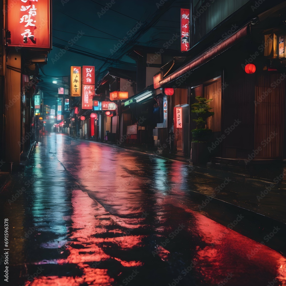 Japan neon lights wet road street background in night after rain in old town