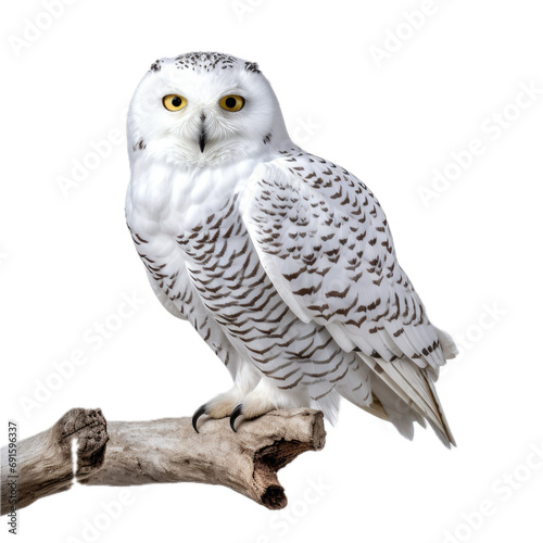  a Snowy Owl sitting on a branch, in a front view, isolated and transparent PNG in a Nature-themed, photorealistic illustration. Generative ai