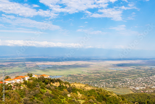 travel to Georgia - houses of Sighnaghi town over Alazan valley in Kakheti region in Georgia on sunny autumn day