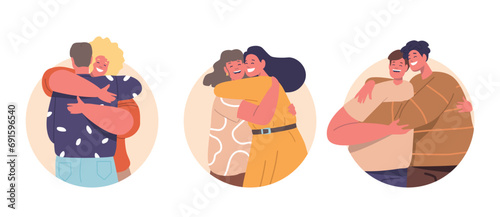 Isolated Vector Round Icons Or Avatars With Cartoon Characters Share A Heartfelt Hug, People Intertwine