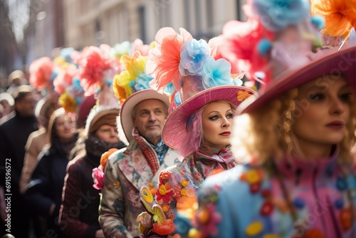The streets come alive with the spirit of Easter as a crowd in festive gear participates in a traditional parade